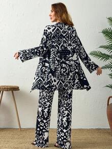 Black & White Abstract Print Kimono Two Pieces Set – Flowy Open Front Kimono Top And Wide Leg Pants - Black and White - View 5