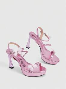 CUCCOO LuxiPop Giày sandal cao gót nữ, sandal cao gót đế dày 10cm với quai màu phấn ánh ngọc trai, kiểu dáng cổ tích với nơ lưới ba chiều, mũi hở, gót nhọn ngọt ngào cho buổi hẹn hò, không gian nghỉ dưỡng, trang phục mùa hè, phụ kiện du lịch, phong cách Y2K, trang phục đi chơi đêm cá tính. - Hồng - Xem 3