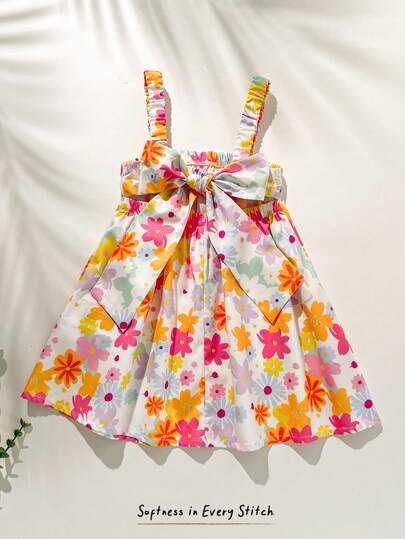 Cozy Pixies Baby Girl Baby Girls Summer Squishy Ditsy Floral Bow Back Cute Casual Dress, Fashionable Versatile For Daily Wear, Vacation, Camping, Matching Sister & Parent-Child Outfits, Photo Shoot