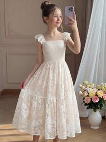 Pitira Vestido de encaje elegante con tirantes finos, ajustado, con mangas con volantes, espalda descubierta, cuello con lazo y textura, de largo medio, para niñas preadolescentes, adecuado para primavera/verano, dama de honor - Blanco - Ver 2