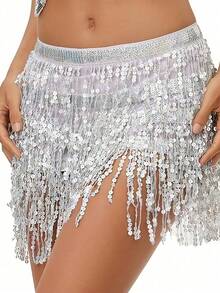 1pc Belly Dancer Hip Scarf, Sweet Belly Dance Skirt Wrapped With Coins, Egyptian Style Belly Dance Costume Hip Scarf Belt, Women Chiffon Belly Dance Scarf, Suitable For Yoga, Zumba, Belly Dance Costume Hip Scarf, Sequin Mini Skirt For Party - Multicolor - View 34