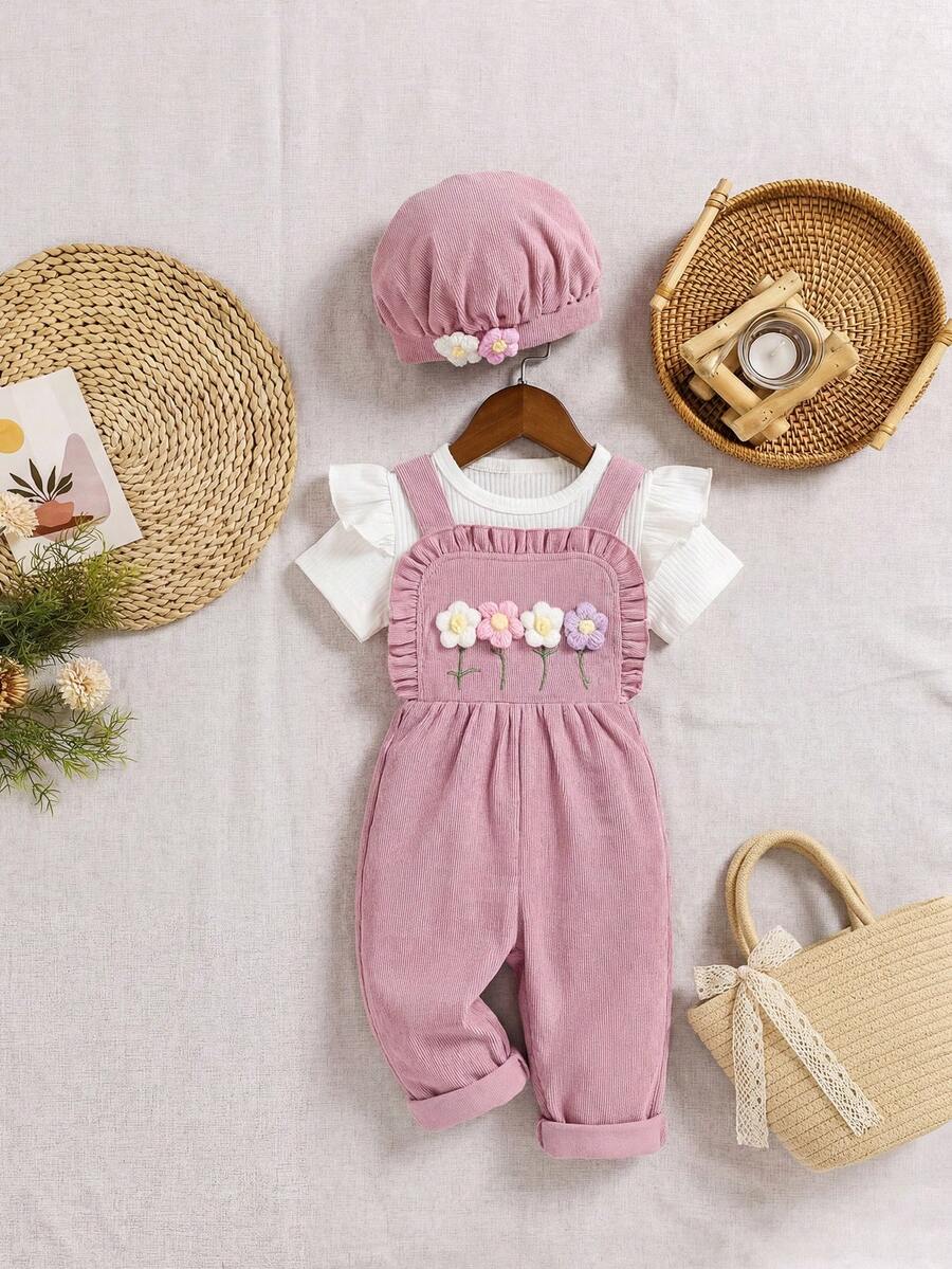 SHEIN Vintaside Kids Baby Girl 2pcs/Set Corduroy Embroidered Jumpsuit With 3d Floral Details And Matching Hat - Pink - View 1