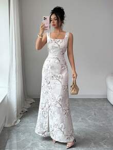 Elenzga New Arrival Square Neck Sleeveless Textured Jacquard Dress, Paired With Open Back Bow Design, Elegant Fitted Party Dress - Multicolor - View 1