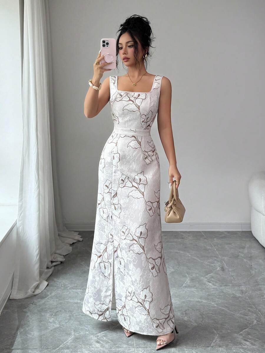 Elenzga New Arrival Square Neck Sleeveless Textured Jacquard Dress, Paired With Open Back Bow Design, Elegant Fitted Party Dress - Multicolor - View 1