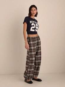Easelle Women's Casual Brown Plaid Plaid Woven Low-Waist Flare Pants, Chic Curved Leg Trousers, Retro Plaid Pattern Everyday Autumn - Brown - View 5