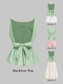 SHEIN MOD Backless Bow-Tie Strap V-Neck Sage Green Women Tank Top Vacation Summer Cute Elegant - Green - View 1