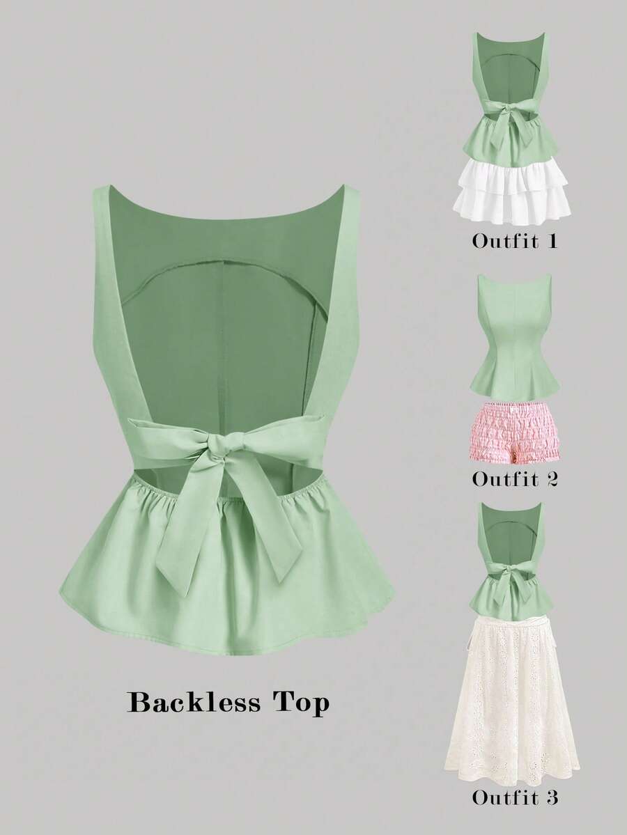 SHEIN MOD Backless Bow-Tie Strap V-Neck Sage Green Women Tank Top Vacation Summer Cute Elegant - Green - View 1