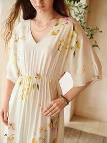 MOTF PREMIUM Đầm ngủ nữ bằng cotton in hoa, cổ chữ V, eo chun, thích hợp cho mùa xuân/hè. - Màu be - Xem 2