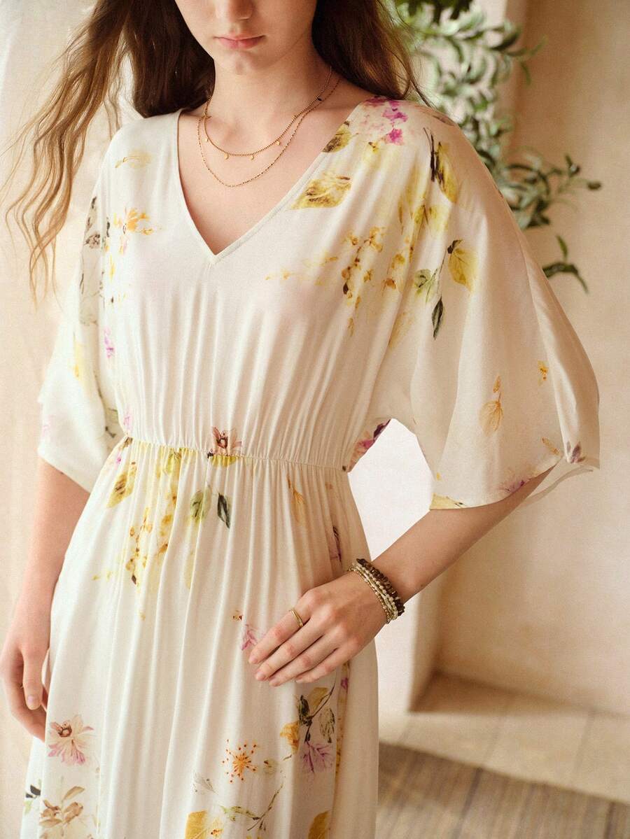 MOTF PREMIUM Đầm ngủ nữ bằng cotton in hoa, cổ chữ V, eo chun, thích hợp cho mùa xuân/hè. - Màu be - Xem 2