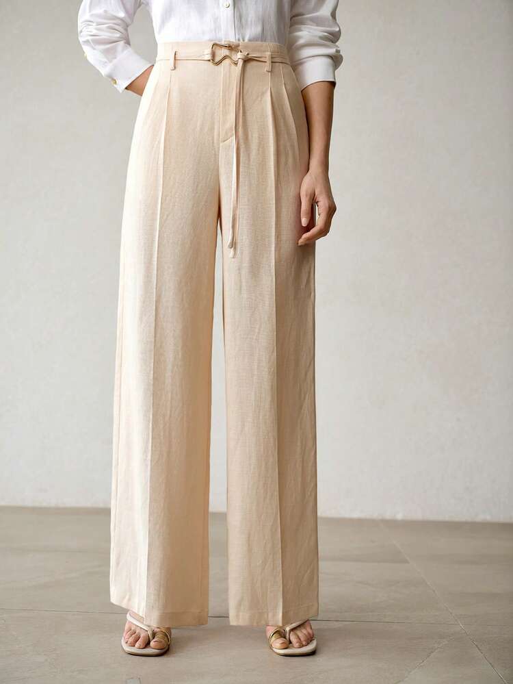 WOMEN'S COMFORTABLE LINEN METAL DECOR STRAIGHT LEG PANTS