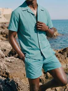 Palasendo Men's Summer Vacation Simple Solid Color Short Sleeve Shirt And Shorts Beach Pants Set - Cadet Blue - View 3