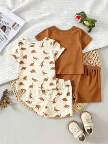 SHEIN Playful Pals 6pcs/Set Newborn Baby Boy Basic Round Neck Elastic Waist Cute Animal Print & Striped Short Sleeve T-Shirt And Shorts Set, Summer - Brown - View 3