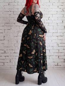 Whyspr Vestido de alças feminino plus size com estampa total e franzido, ideal para festas casuais e passeios. - Preto - Ver 2