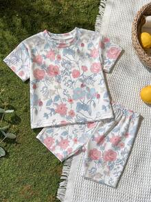 SHEIN Vintaside Kids Abygirl 女婴夏季圆领短袖印花简约时尚T恤搭配百搭休闲短裤套装，适合外出、日常休闲、海滩玩耍或公园散步。 - 彩色 - 查看 7