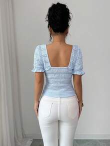 Elenzga Women's Elegant Baby Blue Textured Fabric Square Neck Puff Sleeve Ruffle T-Shirt,Summer Tea Party,Pocket Decor Elastic Knit,Work Commute & Daily Wear - Blue - View 2