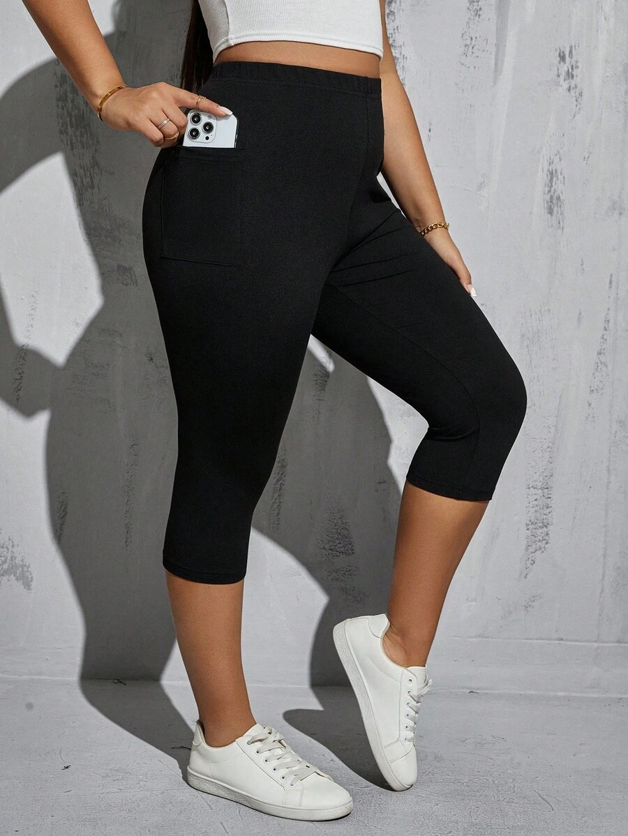 SHEIN PETITE CURVE Plus Size Women's Summer Capri Pants, 2 Pieces Of Leggings, Black With Pockets, Yoga Fitness Pants, Comfort, Gym Sport - Black - View 1