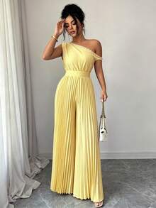 Modelyn Jumpsuit Bahu Berlipit Mutiara Biru untuk Wanita - Kuning - View 6