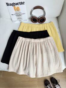 Comfortcana 3pcs Plus Size Solid Color Linen Comfortable Casual Shorts, Spring/Summer, 2pcs Soft Cotton Shorts Set Office Black Beige White - Multicolor - View 7