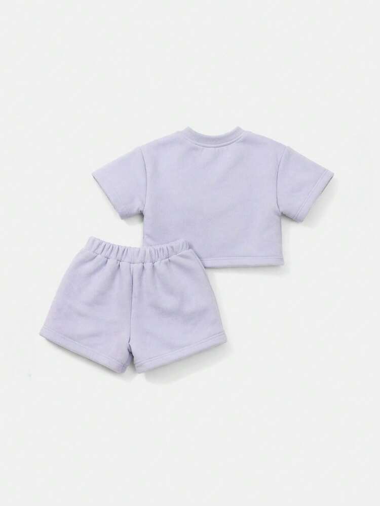 Girls Lavender Short Sleeve T-Shirt And Matching Shorts Set With Pink Pony Embroidery Detail Crew Neck Summer Casual Co-Ord Two Piece Outfit