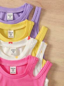 SHEIN 4pcs/Set Young Girl's Casual Knit Solid Color Heart Pattern Camisole For Summer Vacation - Multicolor - View 3