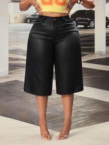 Jeanoix Plus Size Women Y2K Style PU Coated Pocket Capri Pants Curve Long Shorts - Black - View 1