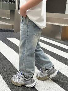 Bubblio Quần jeans dài rộng rãi, thoải mái, màu xanh nhạt, kiểu dáng cơ bản, dành cho bé trai, phong cách thời trang mới, mùa xuân hè. - Rửa nhẹ - Xem 5