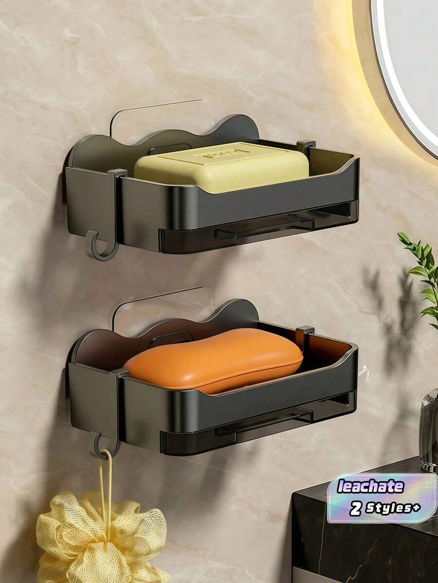 1PC/2PCS Gray Soap Dish With Drain Rack - 13x8cm No Drill Self Adhesive Wall Mounted Soap Holder For Bathroom Kitchen Dorm, Space Saving Organizer With Tray - Grey - View 1