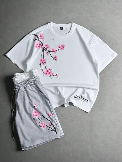 PAVTROS Men's Casual Floral Print Round Neck Short Sleeve T-Shirt And Shorts Set, Summer