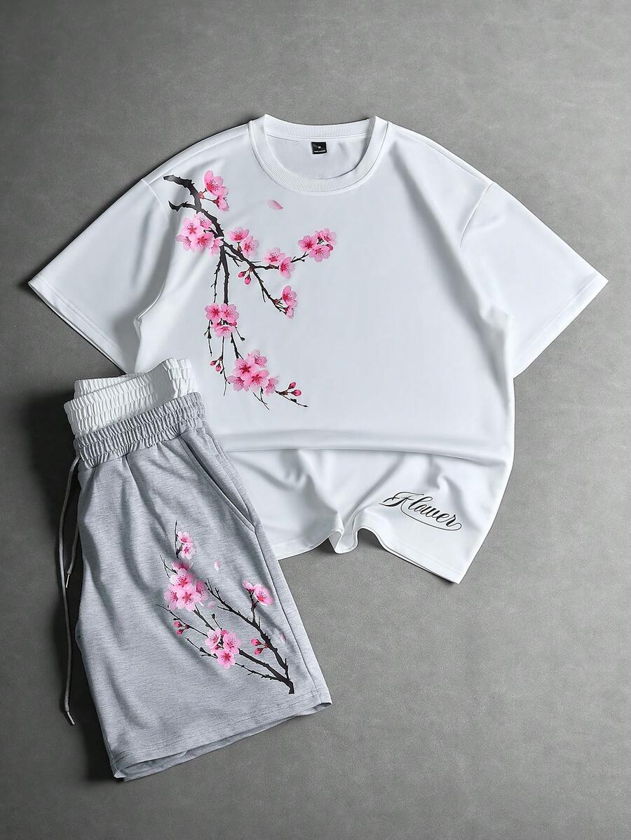 PAVTROS Men's Casual Floral Print Round Neck Short Sleeve T-Shirt And Shorts Set, Summer - Multicolor - View 1