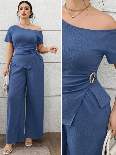Feyla Conjunto de 2 piezas de top asimétrico de hombro y pantalones de unicolor elegante talla grande, para verano