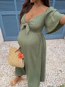 SHEIN Maternity Knotted Ruffle Sleeve Nursing Dress, Solid Color Textured Fabric, Beach/Vacation Style, Summer - Green - View 7