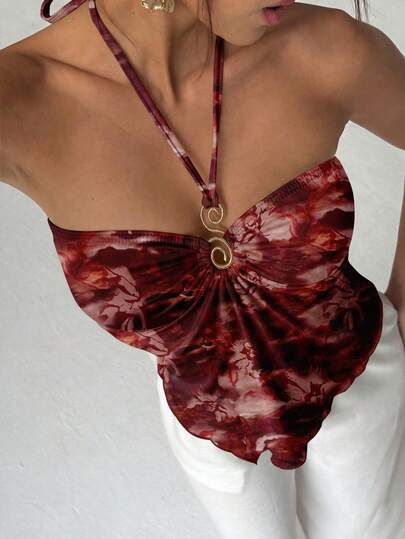  Aloruh Women's Ruched Asymmetric Hem Backless Vintage Tie-Dye Floral Print Camisole Top, Suitable For Summer Beach Vacation, Boho Tropical Resort Music Festival, Country Music Concert, Ibiza, Nashville, Western Cowgirl Style, Bohemian Street Style, Tropical Sexy Style, Cute Summer Top