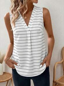 EMERY ROSE Áo tank top nữ cổ chữ V không tay kẻ sọc, dáng suông, ôm eo, chất liệu cotton thoải mái, phù hợp cho các hoạt động thường ngày, đi làm, du lịch, mặc hàng ngày, màu đen trắng. - trắng - Xem 6