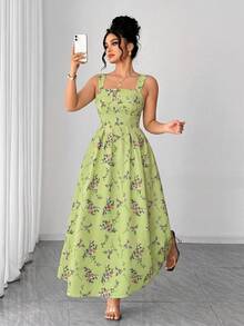 Elenzga Đầm hè hai dây in hoa thanh lịch dành cho nữ cỡ lớn, thích hợp cho Ngày Valentine. - Limelight Green - Xem 6