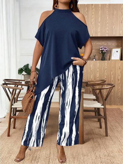 SHEIN PETITE CURVE Bộ đồ đôi cỡ lớn mùa hè, phong cách thường ngày Pháp cổ điển thanh lịch, thích hợp đi nghỉ mát, đi làm, hở vai, cổ yếm, cổ tròn, vạt bất đối xứng.
