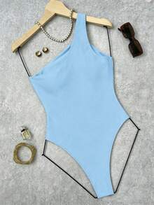 Bonvoyette Solid Color Hollow Out Asymmetric Metal Decor Swimsuit, One-Piece, Suitable For Beach Vacation - Baby Blue - View 2