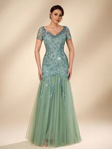 Serin Solid Color V-Neck Sequin Patchwork Elegant Short Sleeve Mermaid Maxi Dress, Bridal Mother Gown - Green - View 8