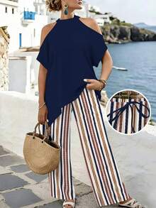EMERY ROSE Plus Size Brown Two Pieces Set, Cold Shoulder Halter Top With Asymmetrical Hem, Drawstring Pants, Summer Beach Gym Holiday Vacation Daily Wear - Multicolor - View 1