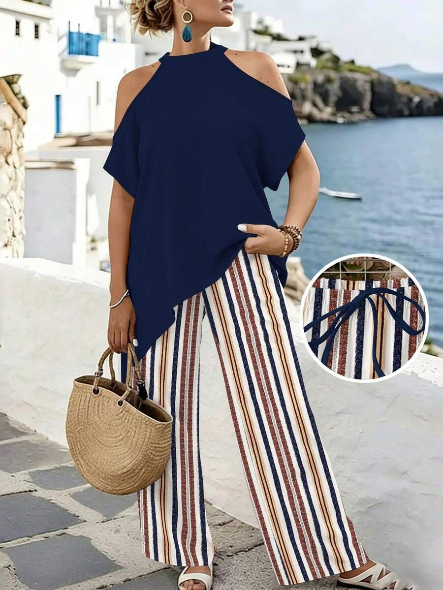 EMERY ROSE Plus Size Brown Two Pieces Set, Cold Shoulder Halter Top With Asymmetrical Hem, Drawstring Pants, Summer Beach Gym Holiday Vacation Daily Wear - Multicolor - View 1