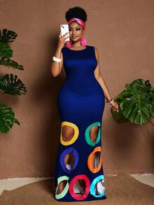 Maweii Plus Size Colorblock Sleeveless Hollow Out Summer Fashion Dress - Multicolor - View 4
