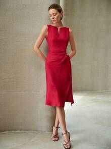 MOTF PREMIUM LINEN MINIMALIST ELEGANT V-NECK CINCHED WAIST MIDI DRESS, SPRING/SUMMER - Burgundy - View 5