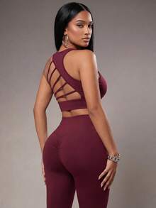 Radiana Conjunto de entrenamiento sin costuras de color rojo bronceado, con alto soporte, secado rápido, ropa deportiva diaria, yoga, entrenamiento HIIT, de oficina al gimnasio, mallas, ropa deportiva de otoño, sujetador, pantalones de compresión, control del abdomen, figura favorecedora, cardio, running, ejercicio al aire libre, saludable, listo para TT, Reel de IG, OOTD, conjunto de fitness de mamá trabajadora de 2 piezas, equipo de rendimiento atlético - Burdeos - Ver 3