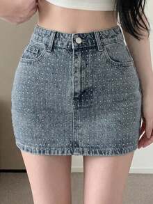 FRIFUL Chân váy denim ngắn nữ đính đá lấp lánh, kiểu dáng thường ngày, đa năng, thích hợp cho buổi hẹn hò, mùa hè. - Màu xanh lam - Xem 5