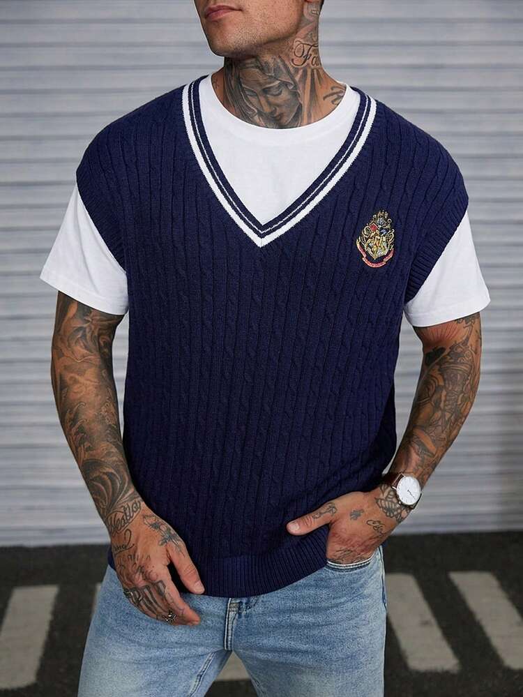 Navy Blue Vest Style Collegiate Knit Sweater For Men