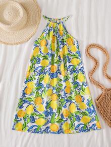 Tween Girl Casual Vacation Halter A-Line Lemon Print Dress - Yellow - View 7