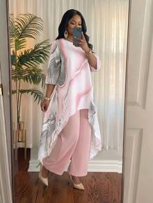 SHEIN Lady CURVE 大码休闲短前长后上衣和粉色裤子两件套 - 粉色 - 查看 5