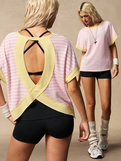 VARSIVA Women's Striped Backless Short Sleeve Sports T-Shirt