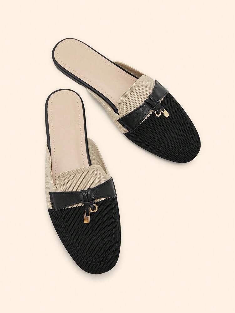 CUCCOO BASICS Women Shoes Fashion Black Apricot Building Color Flat Bottom Round Toe Knitted Mule Women's Shoes Commuting Versatile Elegant Party Vacation Women Flat Shoes