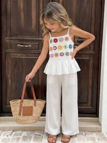 SHEIN Tween Girls Back To School Summer Casual Vacation Holiday White Tropical Knit Set Camisole - White - View 1