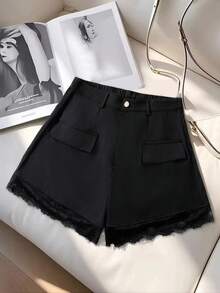 GlowEve CURVE Plus Size Women Solid Color Contrast Lace Shorts - Black - View 1